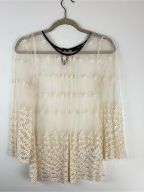 Ryu Anthropologie Womens Small Sheer Blouse Floral 3/4 Sleeve Cream Top